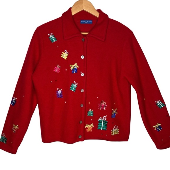 Karen Scott Red Wool Embroidered Holiday Gifts Bows Button Cardigan Sweater Med - Picture 13 of 14